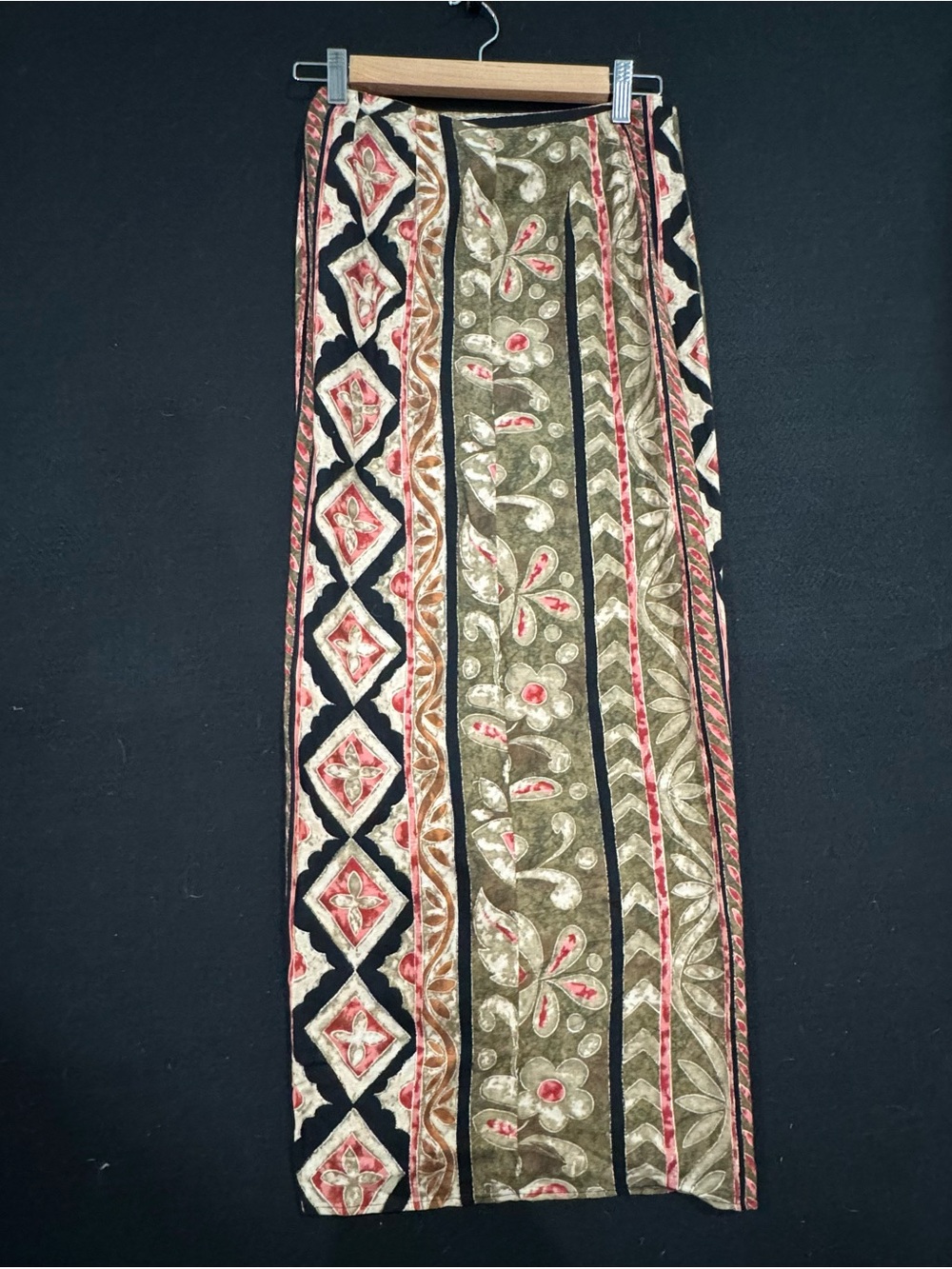 Vintage 90s Alyn Paige Olive, Black and Red Boho Wrap Maxi Skirt